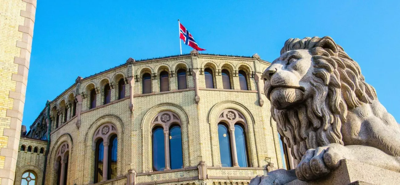 Exterior of the Norwegian Parliament Stortinget in Oslo, Norway