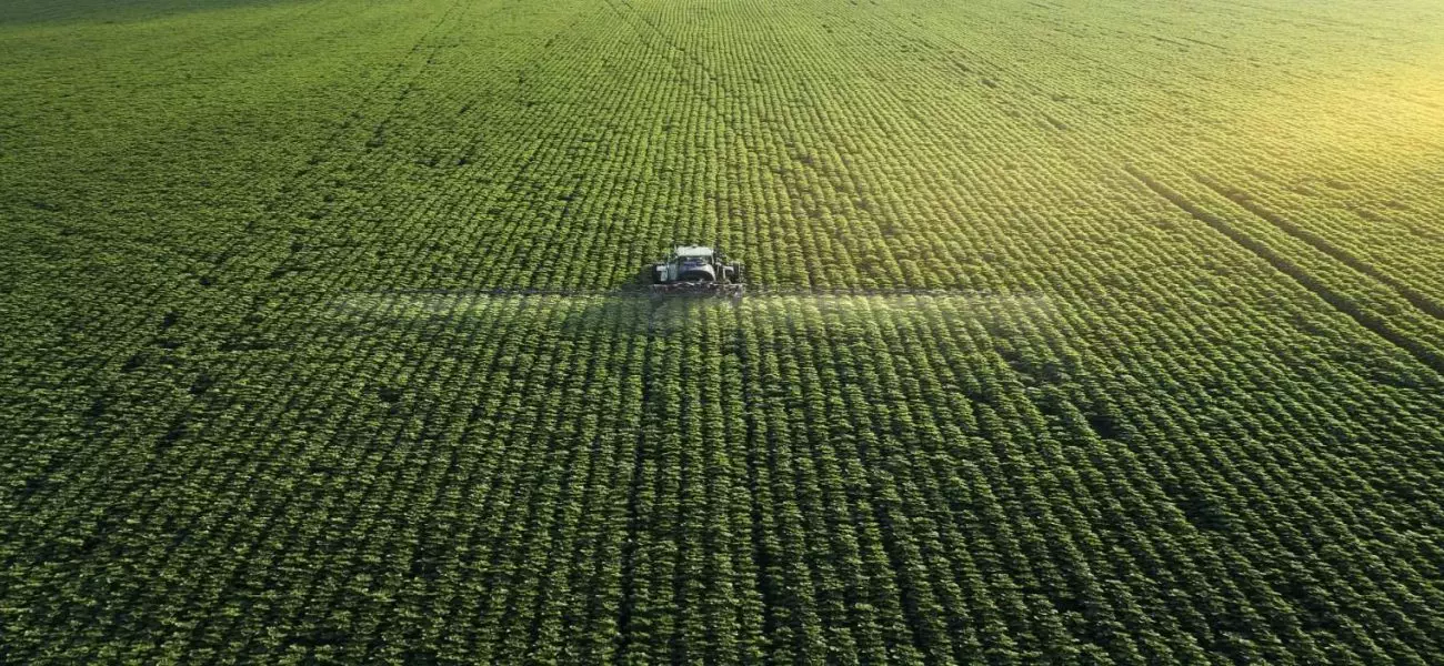 Tracking shot. Drone point of view of a Tractor spraying on a cultivated field. Small Business.