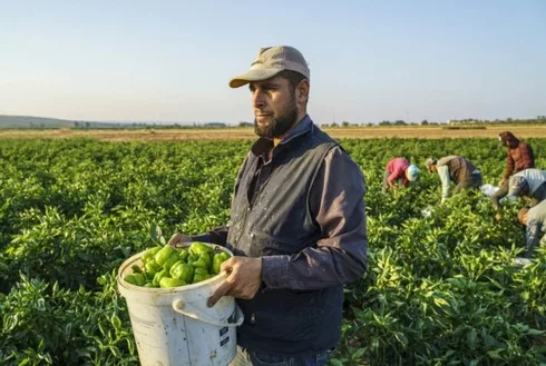 Seasonal workers working in the farm and harvesting green peppers near Gaziantep, Turkiye