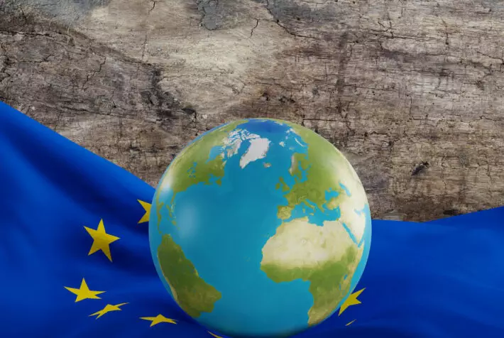 flag of Europe with planet earth globe and world map. elements of this image furnished by NASA 3d-illustration