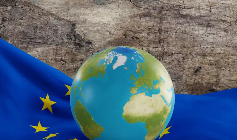 flag of Europe with planet earth globe and world map. elements of this image furnished by NASA 3d-illustration