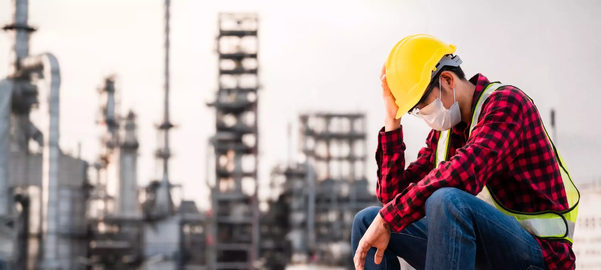 Unemployed concept from coronavirus or covid 19 crisis. Engineer asian man wearing yellow safety helmet, goggle and face mask sitting sad outside factory because of his lay-off. Unemployment crisis.