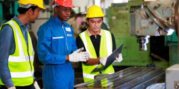 Training trainee concept. Yang male african american engineer explain the procedure for using the correct metal machine look at online  manual in laptop at factory.
